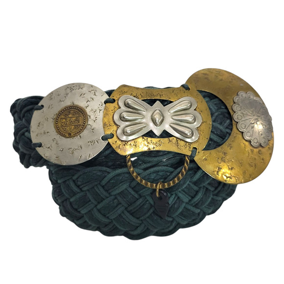Baer SF Braided Belt Green Waxed Embellished Mixed Metals Discs Artsy Handmade - Picture 12 of 16